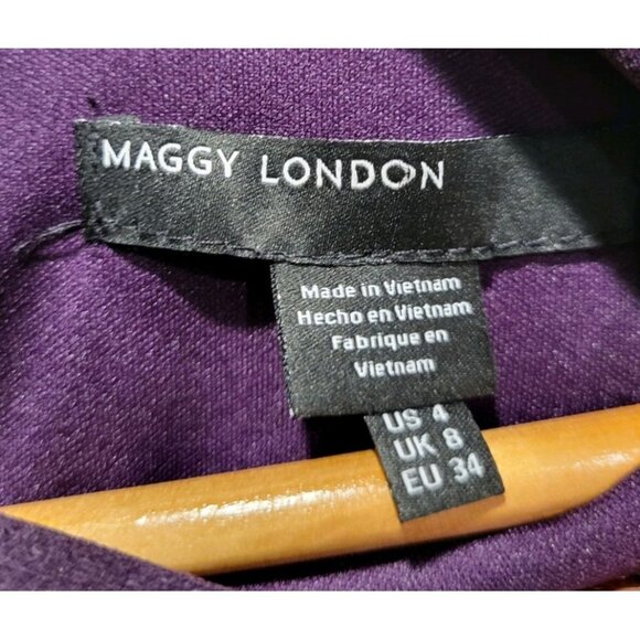 New Maggie London Purple Short Sleeve High Neck Bow Pencil Dress Sz 4 Office - Picture 6 of 7